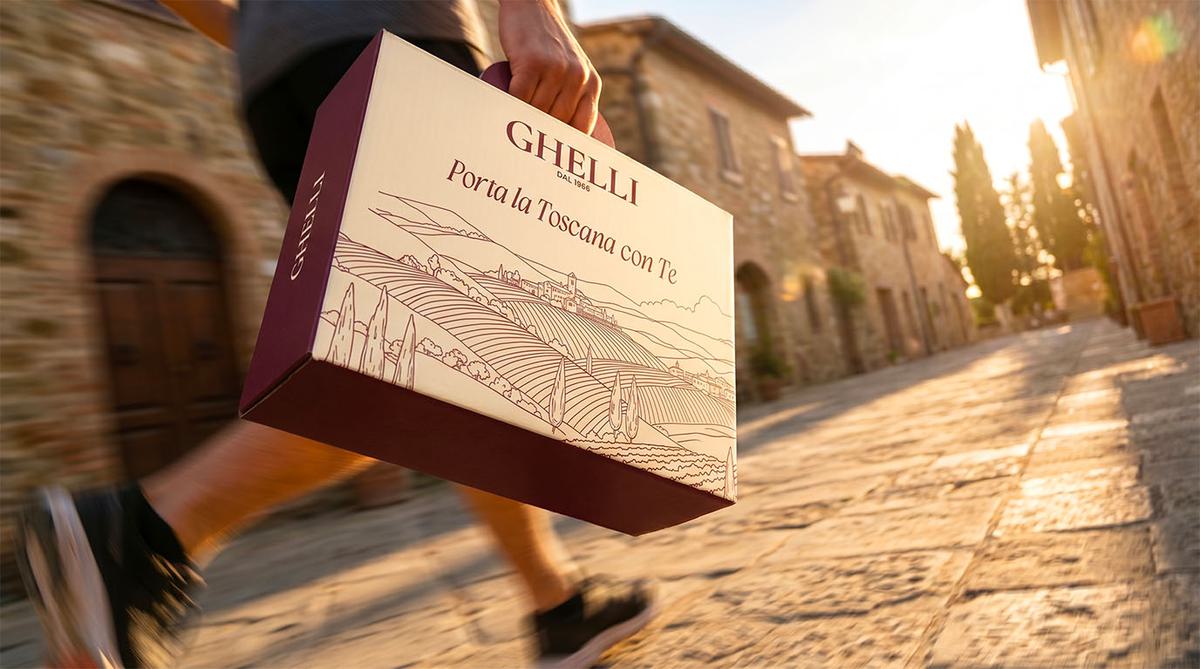 Confezione regalo Ghelli con Prosciutto Toscano DOP — idea regalo gastronomica per la distribuzione organizzata